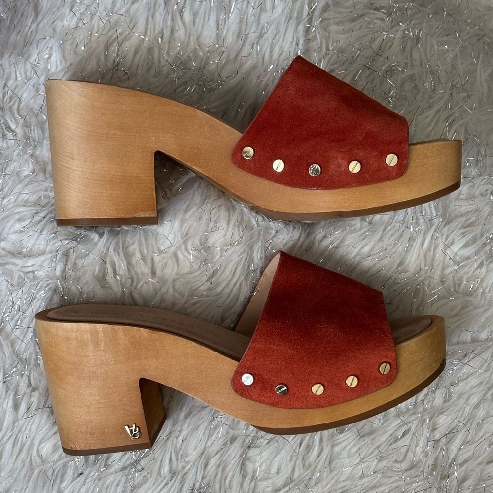 Veronica Beard Orange Women’s Suede Mules with Wooden Heel size 9M